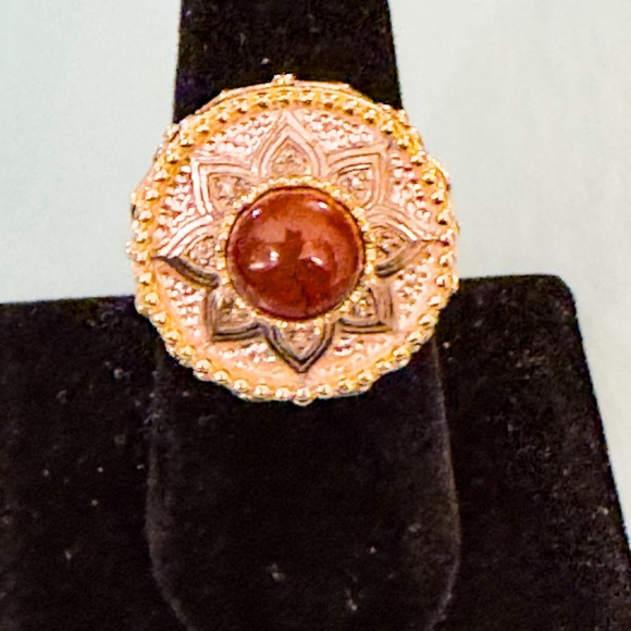 VTG Sterling Silver Red Coral Gold Oxidized “Star Sombrero” Ring - size 7.75 - Picture 2 of 4